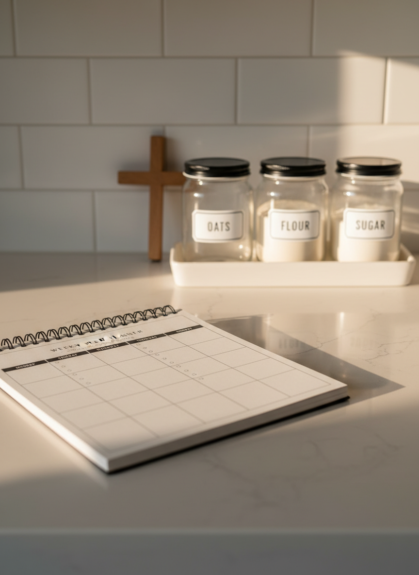 A meticulously organized kitchen counter featuring a white ceramic tray holding three labeled glass jars of pantry staples, a small wooden cross leaning against the backsplash, and a simple spiral-bound weekly meal planner open to a page filled with neatly printed categories. The counter is a light quartz surface, spotless and reflective, with a pale subway tile backsplash. Late afternoon natural light streams in from the right, creating soft highlights on the glass and gentle shadows behind the objects. Photographic realism, composed using the rule of thirds with the planner in the foreground in crisp focus and the jars slightly blurred behind, conveying a calm, intentional atmosphere of faith-guided home management and everyday stewardship.