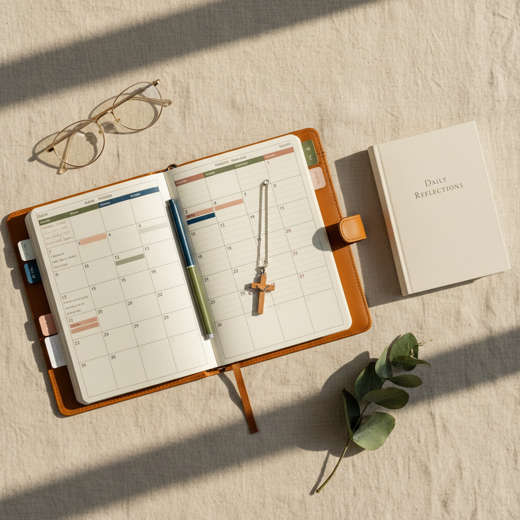 A carefully arranged flat lay on a light linen fabric backdrop featuring a structured leather planner open to a monthly spread, color-coded with fine-tip pens, alongside a slim devotional book, a pair of delicate gold-rimmed reading glasses, and a small sprig of eucalyptus. A minimalist wooden cross pendant rests across the planner pages, drawing the eye toward the center. Soft golden hour window light falls from the top of the frame, creating subtle highlights on the leather texture and gentle shadows that add depth. Photographic realism, overhead bird’s-eye composition with balanced negative space around the objects, minimalist and professional aesthetic, evoking a sense of ordered, Christ-centered planning and purposeful daily rhythms.