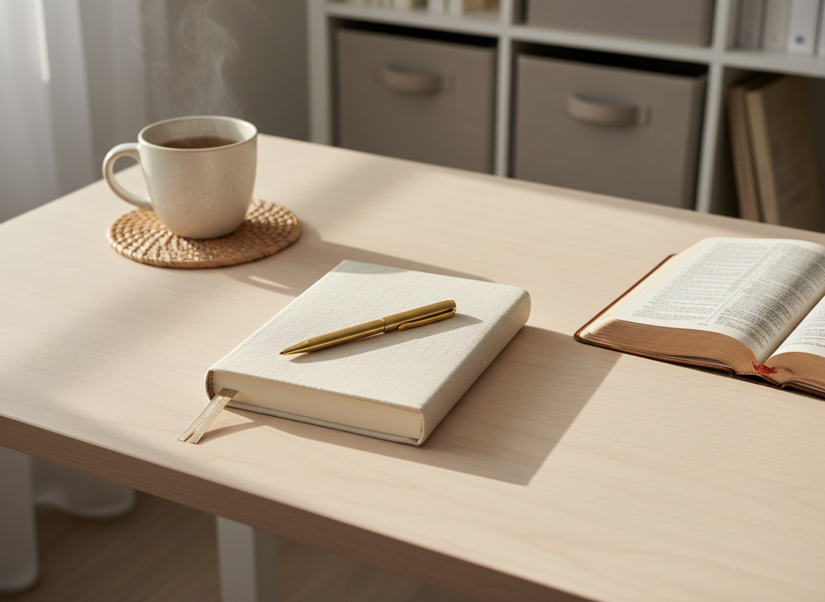 A neatly arranged white writing desk with a closed linen-textured journal, a slim gold pen aligned perfectly on top, and an open Bible with softly worn page edges, all resting on a pale wood surface. A ceramic mug of herbal tea with faint steam sits on a round woven coaster. Soft morning sunlight filters through an unseen window from the left, casting gentle, elongated shadows and creating a calm, welcoming glow. The background fades into a softly blurred, tidy bookshelf with neutral-toned storage boxes. Photographic realism, eye-level composition with slight top-down angle, clean and modern aesthetic, shallow depth of field emphasizing peaceful order, evoking a serene, intentional, faith-centered daily routine.