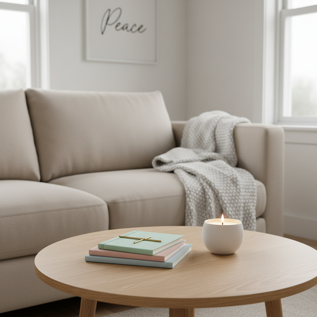 A cozy living room corner with a low, light oak coffee table holding a small stack of pastel-colored planning notebooks, a minimalist brass bookmark shaped like a cross, and a white porcelain candle flickering gently. Behind, a neatly folded knitted throw rests on the arm of a soft beige sofa, and a simple framed print with the word “Peace” in elegant script hangs on the wall. Diffused overcast daylight fills the room, creating a soft, even glow with almost no harsh shadows. Photographic realism, shot from a slightly elevated angle with moderate depth of field, clean and modern but warm aesthetic, conveying a tranquil, clutter-free environment perfect for quiet reflection and intentional living.