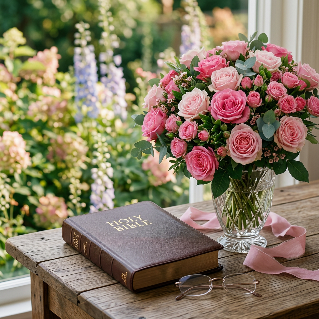 Holy Bible with gold lettering on a wooden table beside a bouquet of pink roses in a glass vase and a pair of reading glasses