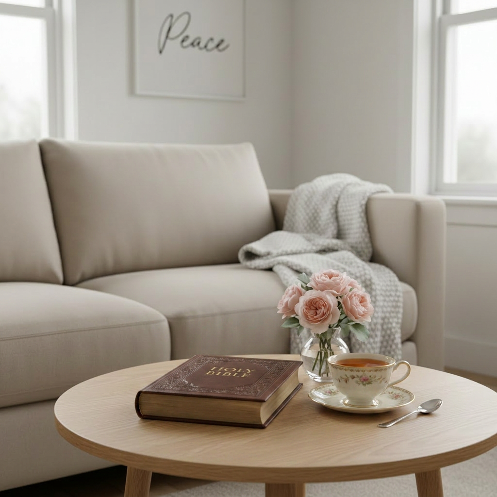 Serene living room setup with Bible and tea Wooden table with Holy Bible, floral teacup with tea, small vase of pink roses in living room