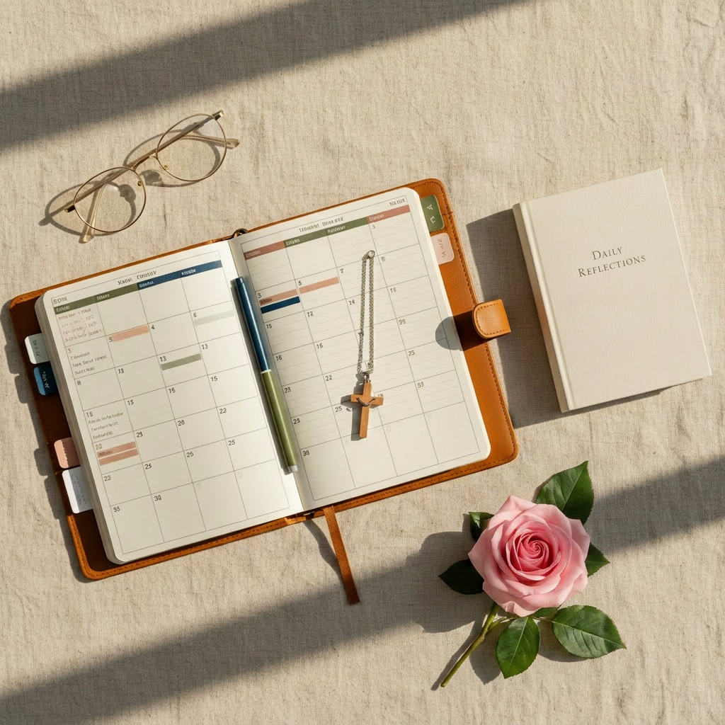 faith living A carefully arranged flat lay on a light linen fabric backdrop featuring a structured leather planner open to a monthly spread, color-coded with fine-tip pens, alongside a slim devotional book, a pair of delicate gold-rimmed reading glasses, and a small sprig of eucalyptus. A minimalist wooden cross pendant rests across the planner pages, drawing the eye toward the center. Soft golden hour window light falls from the top of the frame, creating subtle highlights on the leather texture and gentle shadows that add depth. Photographic realism, overhead bird’s-eye composition with balanced negative space around the objects, minimalist and professional aesthetic, evoking a sense of ordered, Christ-centered planning and purposeful daily rhythms.
