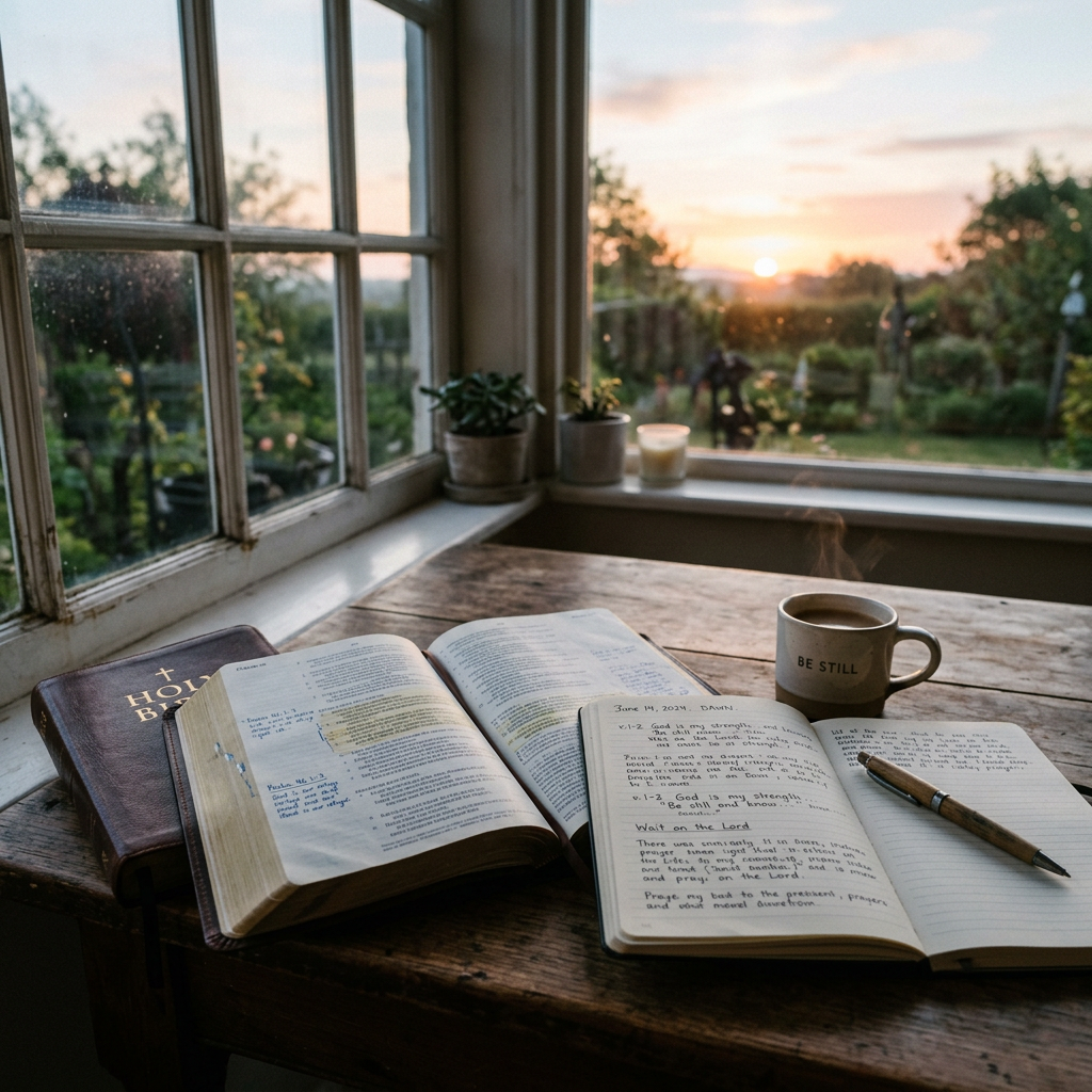 Open Bible and handwritten journal on a wooden table next to a steaming coffee mug and window with sunrise view